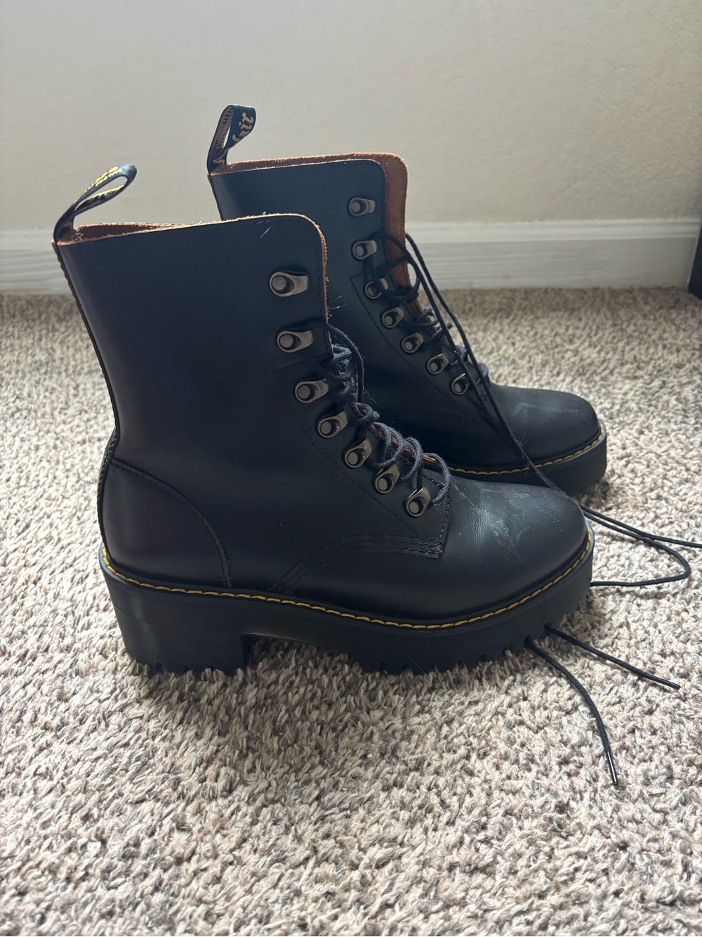 Dr. Martens Black Lace-Up Platform Combat Boots with Yellow Stitching